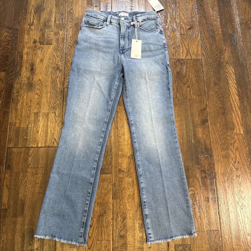 Good American Good Legs Straight 4/27 Blue449 Mid‑Rise Distressed Raw Hem NWT